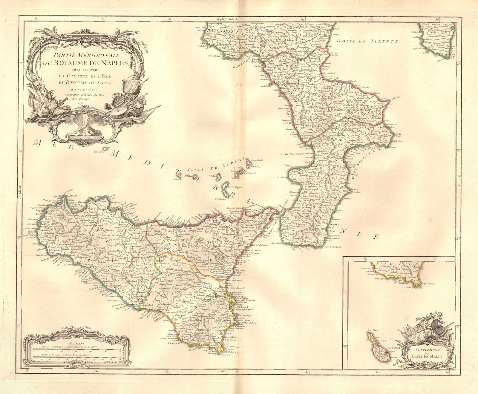 'Partie meridionale du Royaume de Naples'. Calabria Sicilia. VAUGONDY 1750 map
